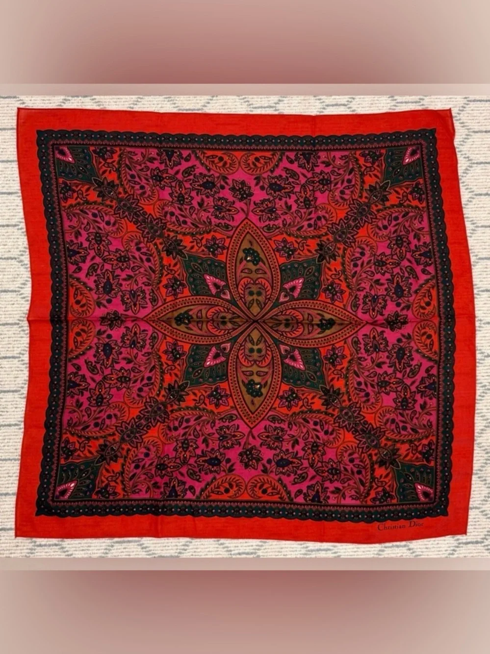 CHRISTIAN DIOR Vintage Rare Red Paisley Floral Retro 100% Wool Square Scarf